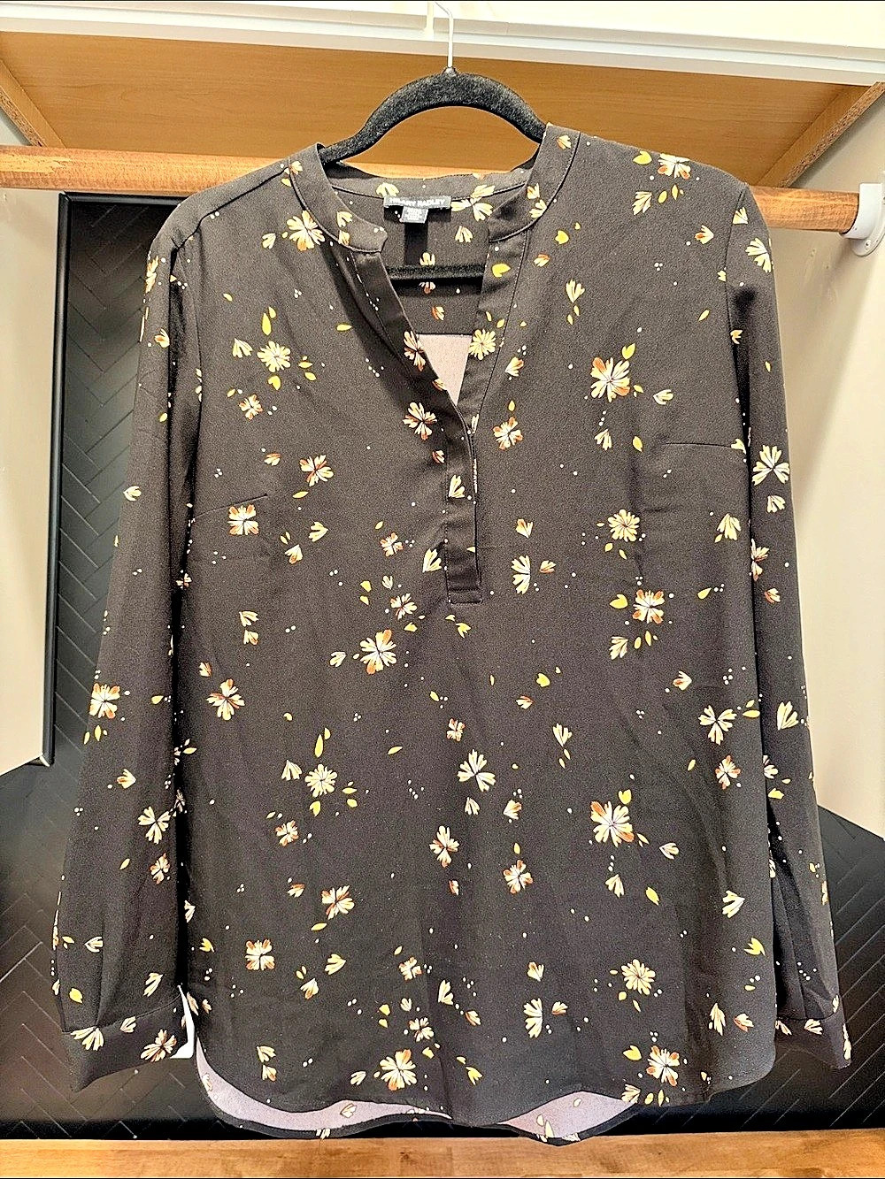 Hilary Radley Floral Long Sleeve V-Neck Blouse Floral Blouse in Black & Yellow